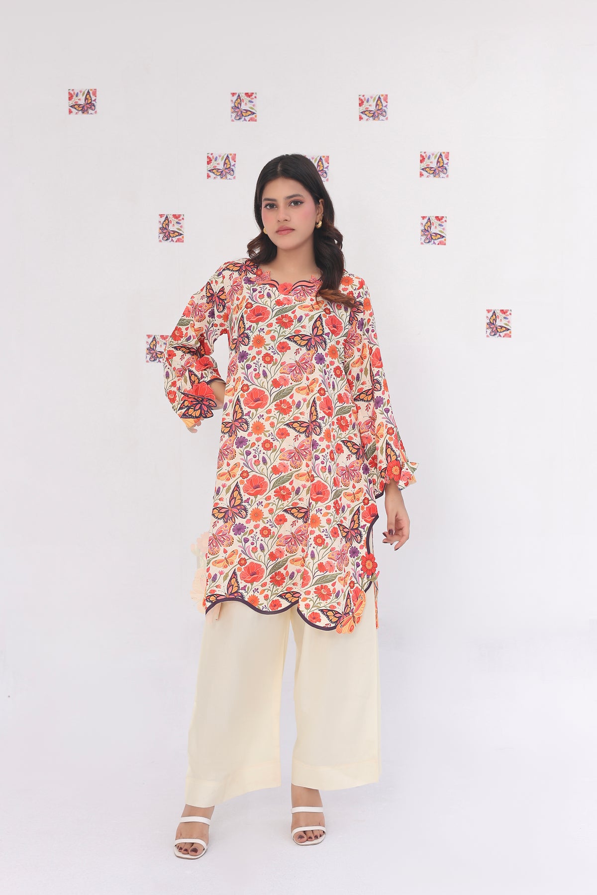 Cream Butterfly | 2 Piece Short Shirt Set